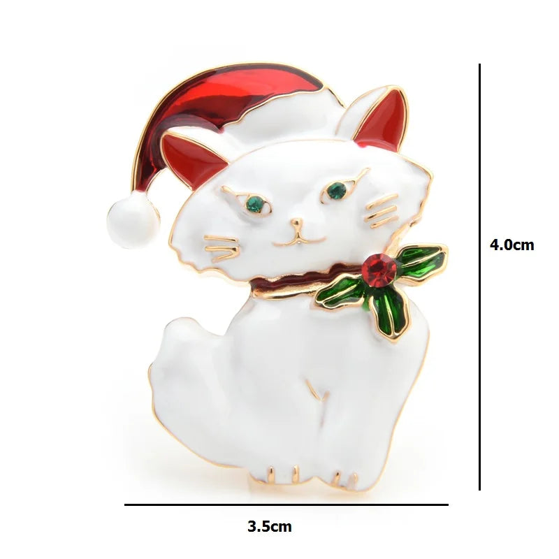 Enamel Christmas Cat with Santa Hat Brooch