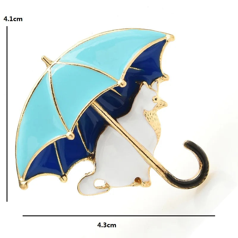 Enamel Cat Under Umbrella Brooch