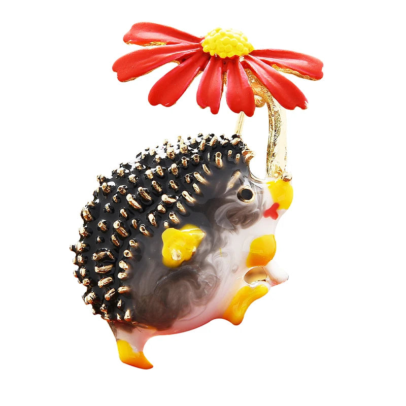 Hedgehog Holding Daisy Flower Brooch