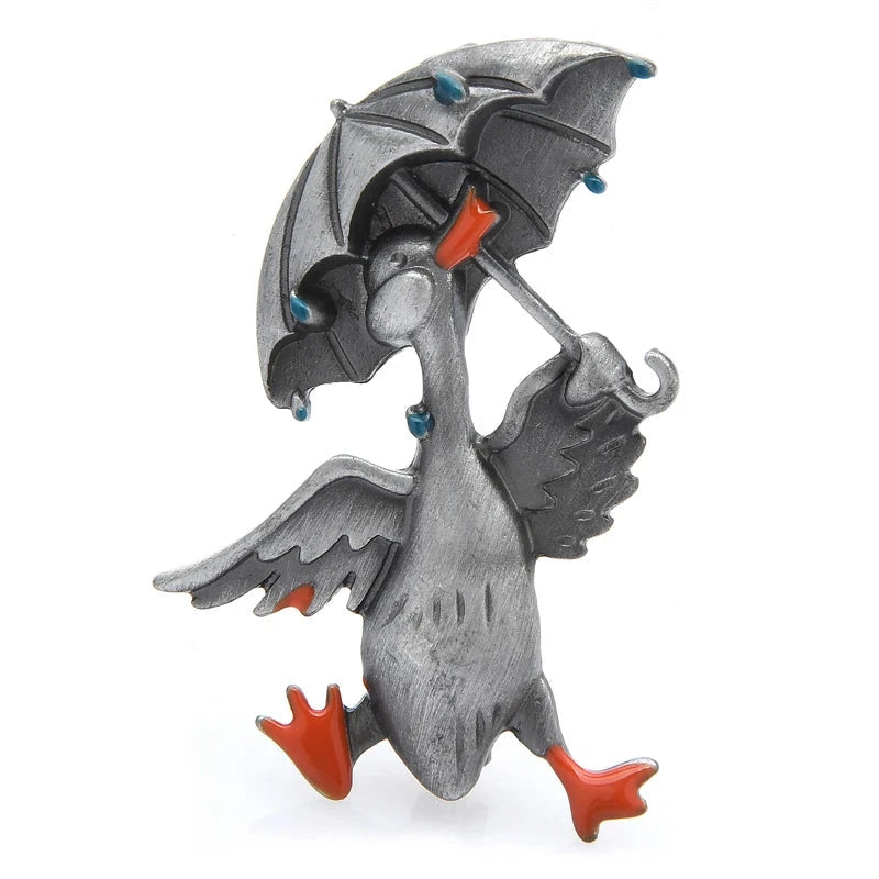 Enamel Duck with Umbrella Brooch — Silver