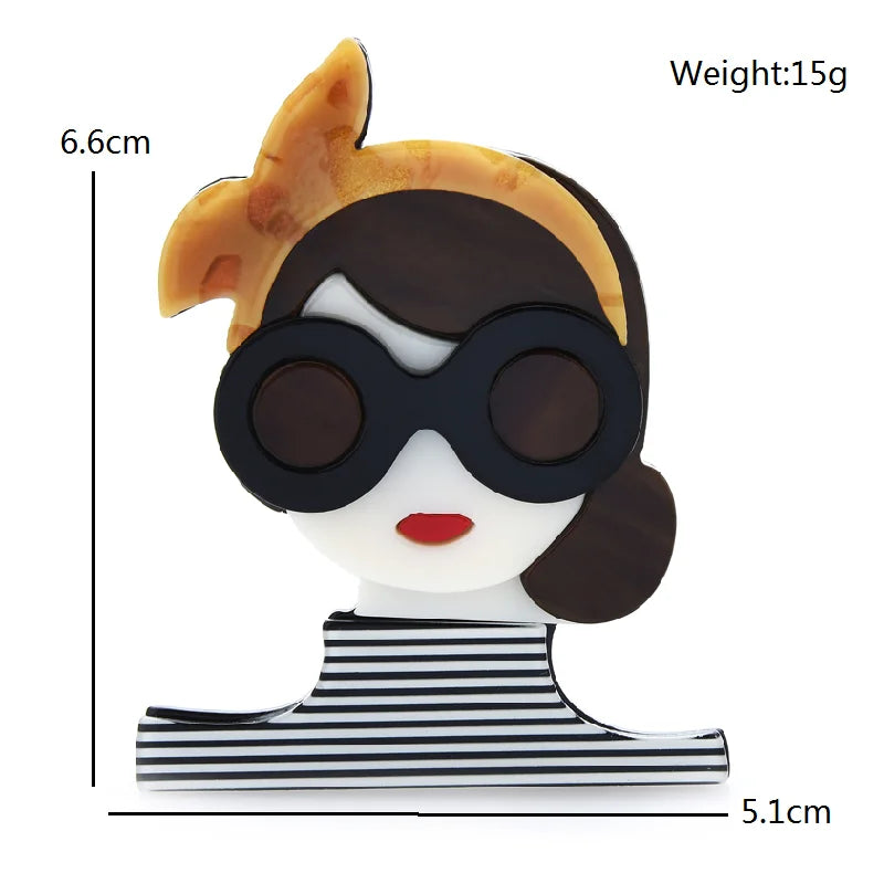 Lady with Bow and Glasses Acrylic Brooch