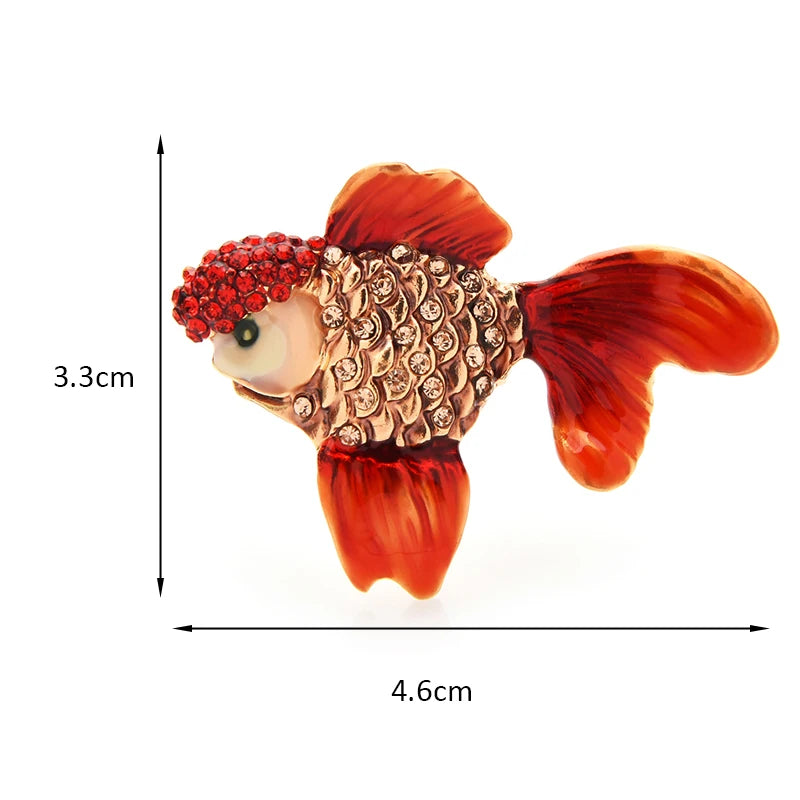 Enamel Goldfish with Red Jeweled Crown Brooch