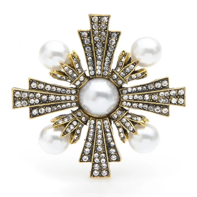 Vintage Pearl-Look Cross Brooch — Antique Gold