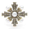Vintage Pearl-Look Cross Brooch — Antique Gold