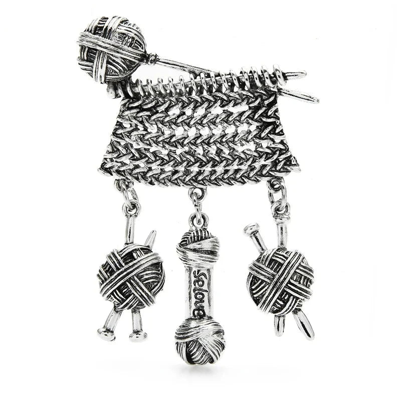 Knitting Needles with Dangling Yarn Balls Brooch — Antique Silver