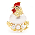 Hen and Pearl-Look Eggs Brooch — White & Gold