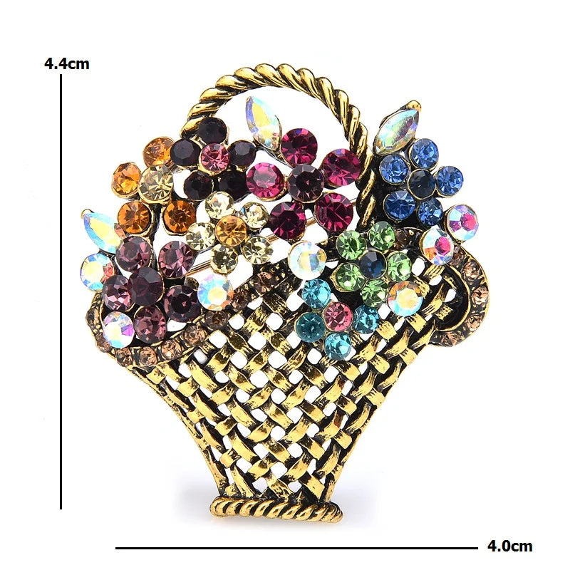 Multicolor Jeweled Flower Basket Brooch