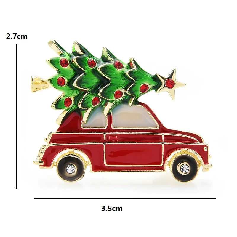 Red Enamel Car with Christmas Tree Brooch