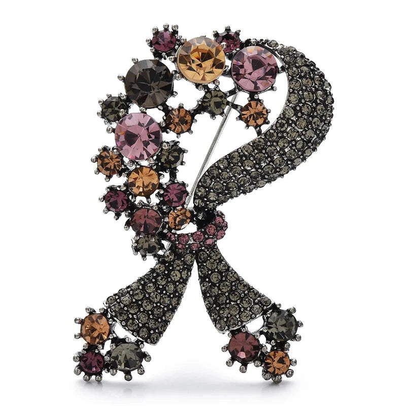 Vintage-Style Floral Rhinestone Bow Brooch — Pink