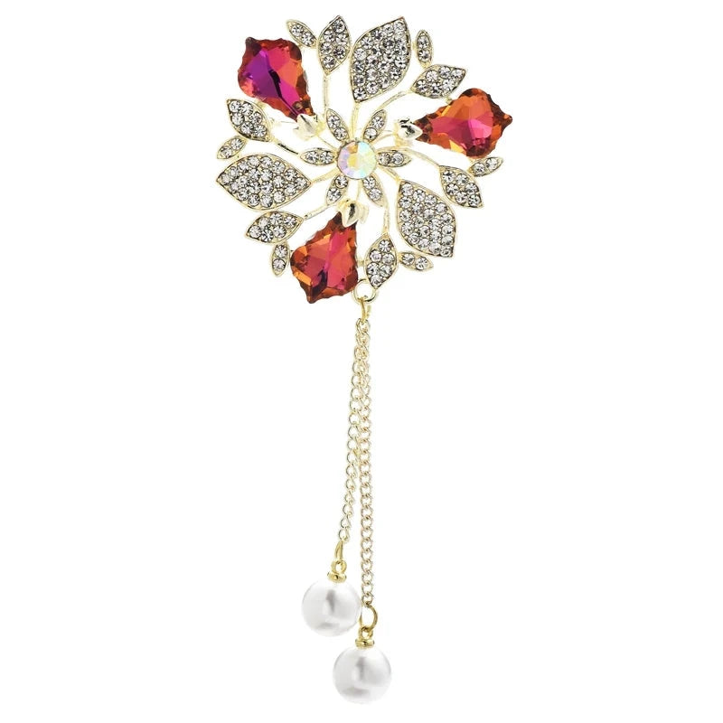 Faceted Flower with Pearl-Look Chain Tassels Brooch — Red