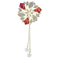 Faceted Flower with Pearl-Look Chain Tassels Brooch — Red