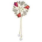 Faceted Flower with Pearl-Look Chain Tassels Brooch — Red