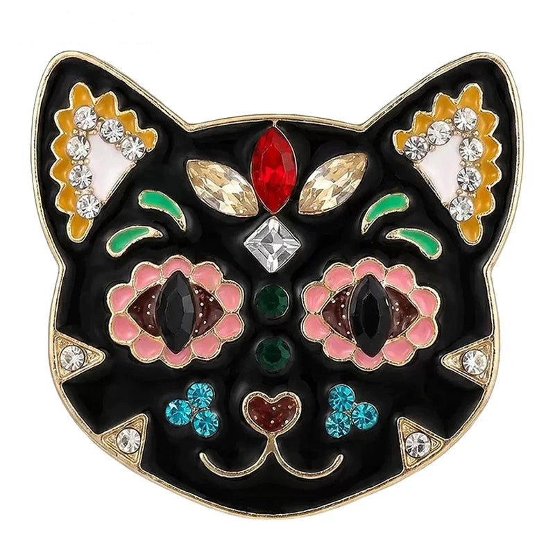 Floral Calavera Cat Face Brooch