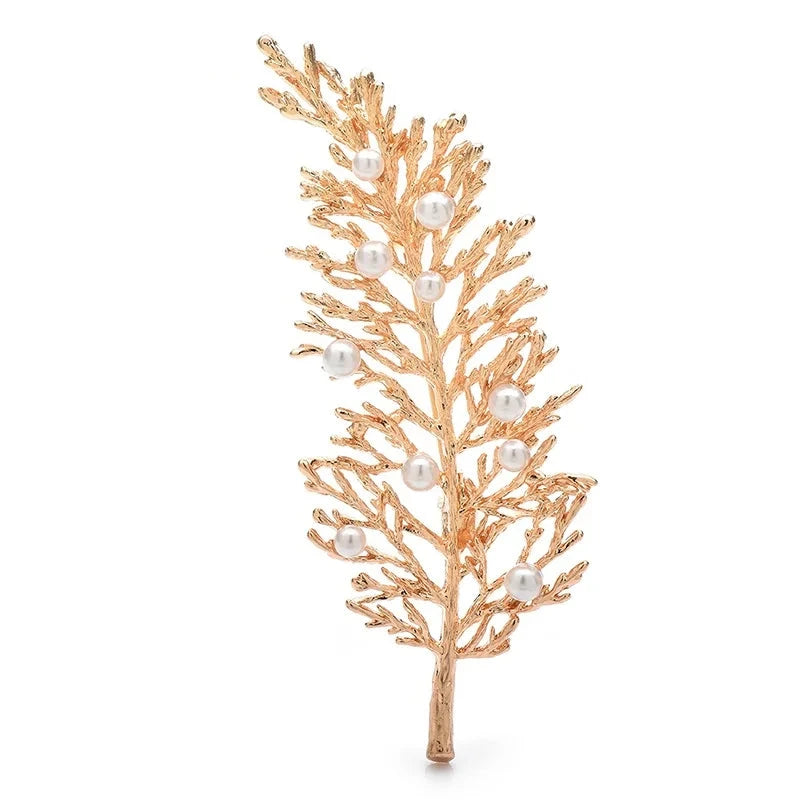 Metal Leaf Spray with Pearl-Look Beads Brooch — Gold