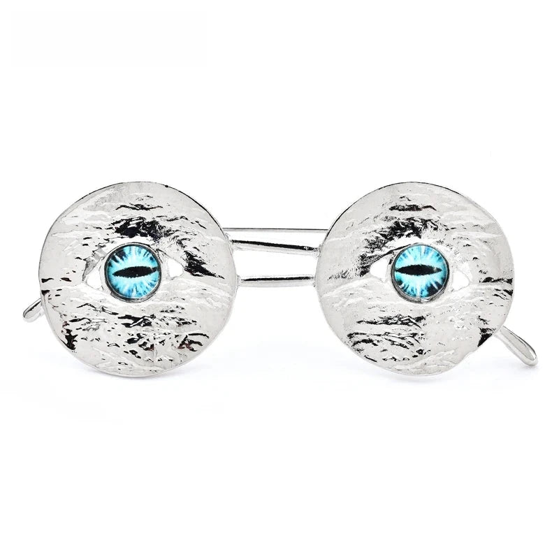 Textured Round Eyeglasses with Blue Lens Accents Brooch — Silver