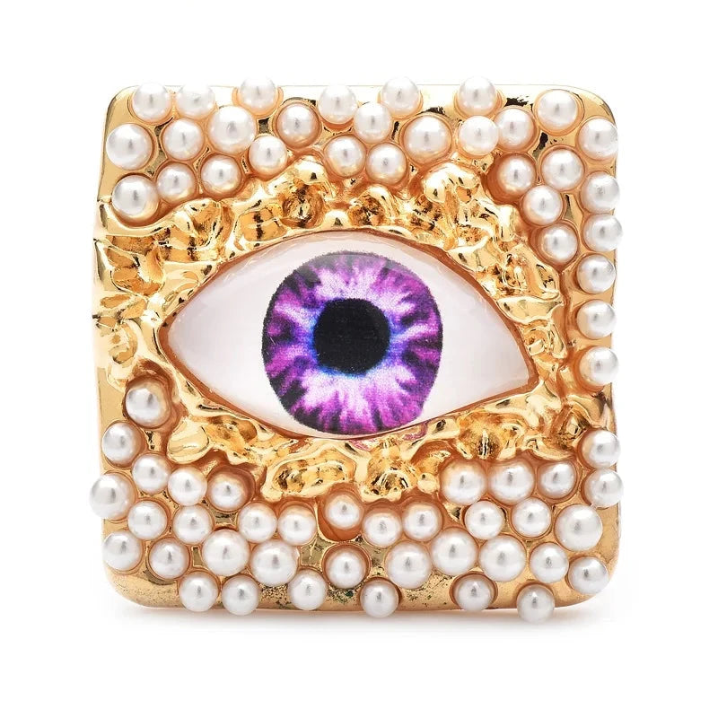 Pearl-Look Square Frame with Colorful Eye Brooch — Purple