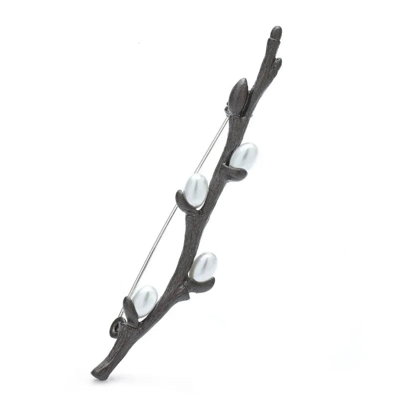 Willow Branch with Pearl-Look Buds Brooch — Gunmetal