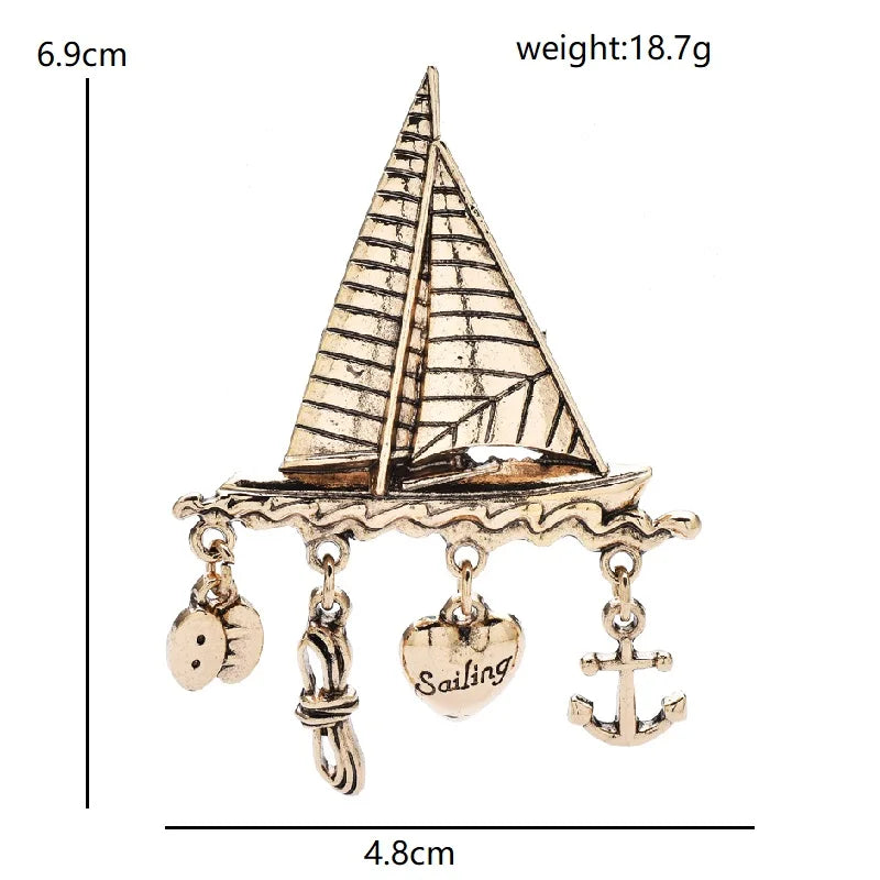 Sailboat with Nautical Charm Dangles Brooch — dimensions