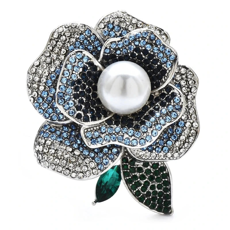 Rhinestone Rose with Pearl-Look Center Brooch — Blue