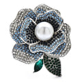 Rhinestone Rose with Pearl-Look Center Brooch — Blue