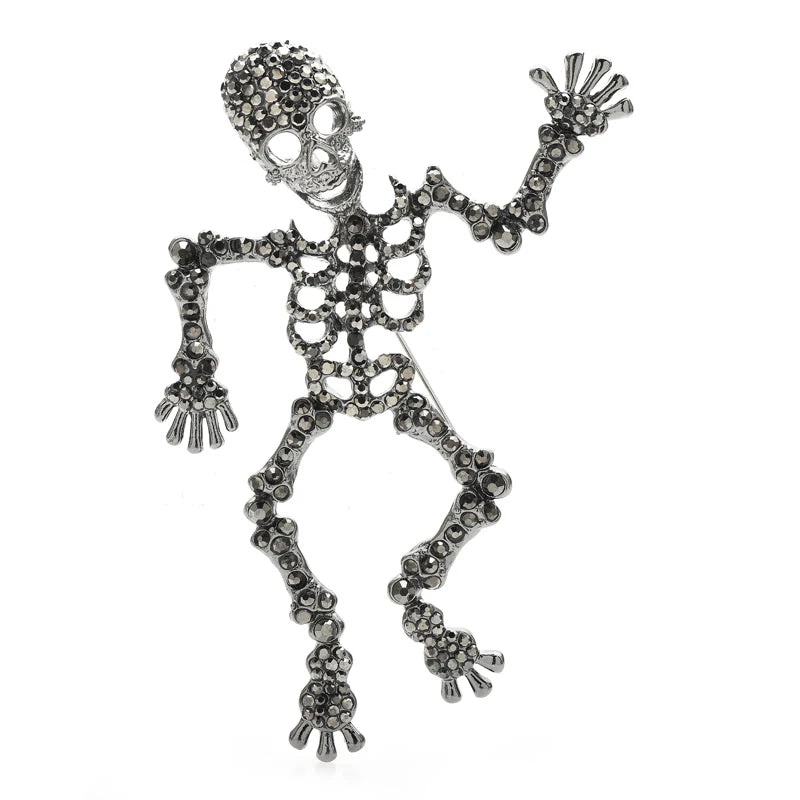 Dancing Rhinestone Skeleton Brooch — Gunmetal