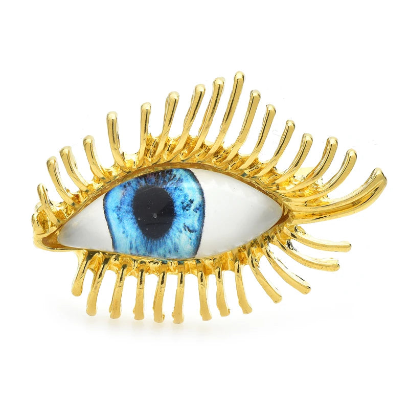 Blue Eye with Long Metal Lashes Brooch — Gold