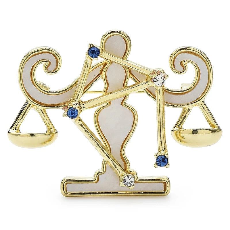 Libra Zodiac with Blue Star Accents Brooch — Gold