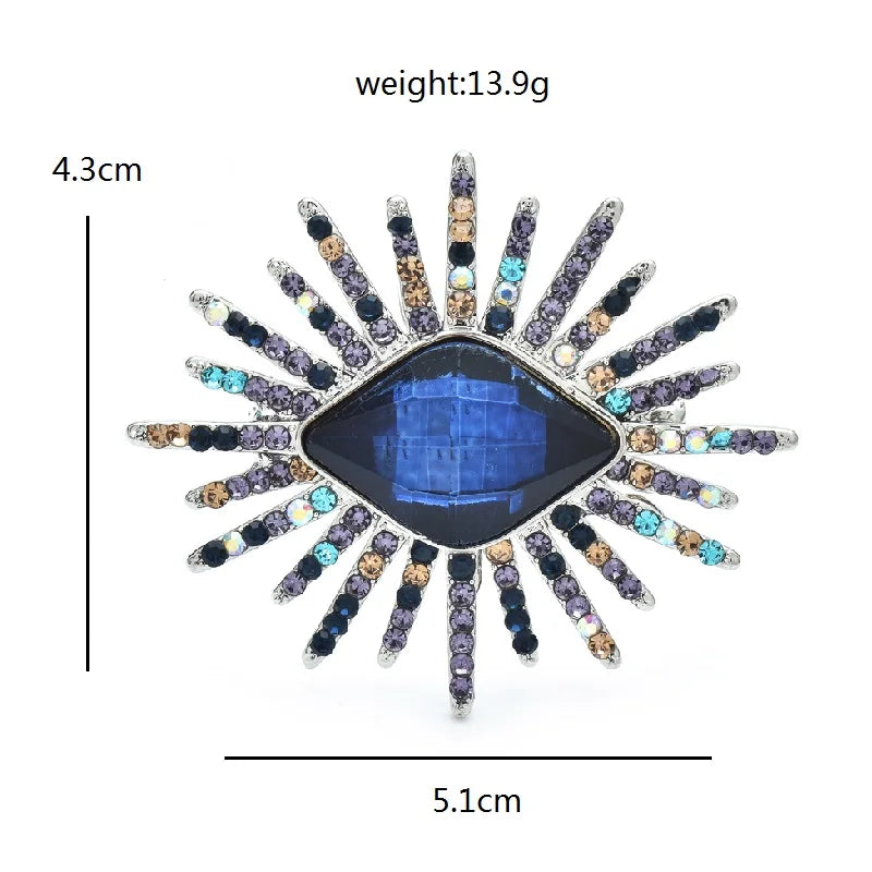 Faceted Eye with Radiating Rhinestone Rays Brooch — dimensions