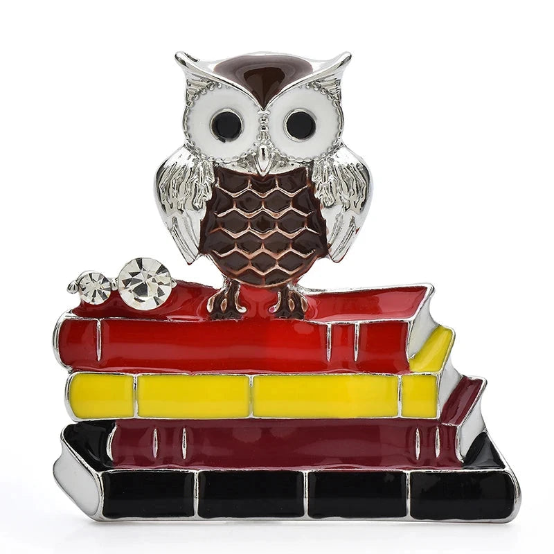 Enamel Owl on a Stack of Books Brooch — Brown