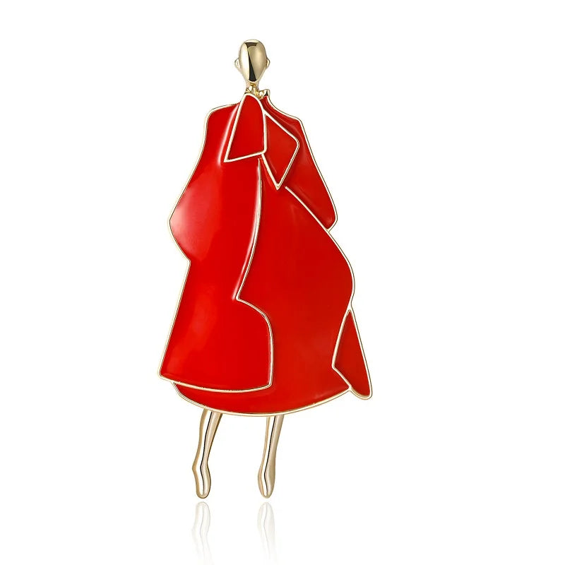 Modern Woman in Enamel Coat Brooch — Red