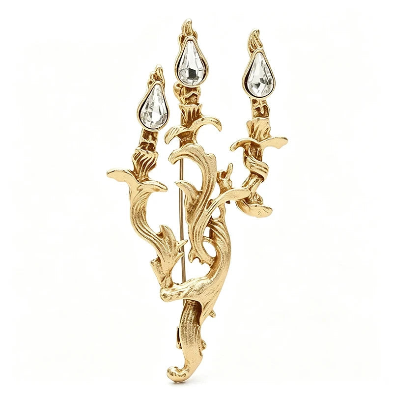 Vintage-Style Jeweled Candelabra Brooch — Satin Gold