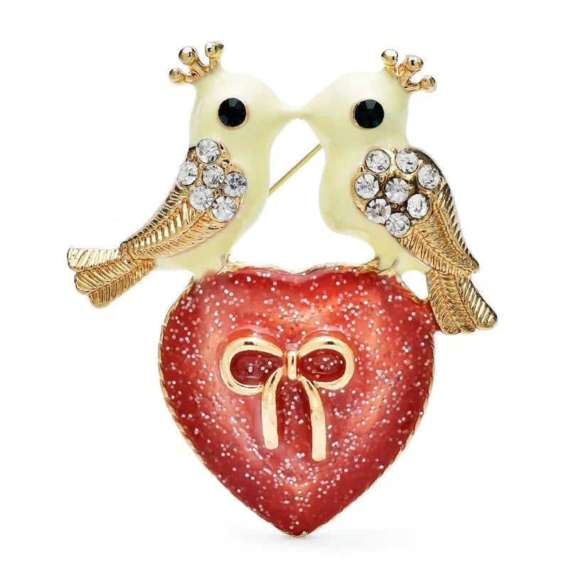 Crowned Lovebirds on a Red Heart Brooch — Lovebirds & Heart