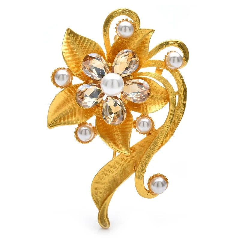 Golden Leaf Scroll Flower with Rhinestones Brooch product variant photo