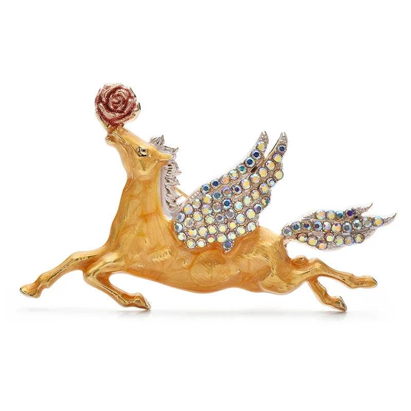 Winged Horse Holding a Rose Brooch — Yellow