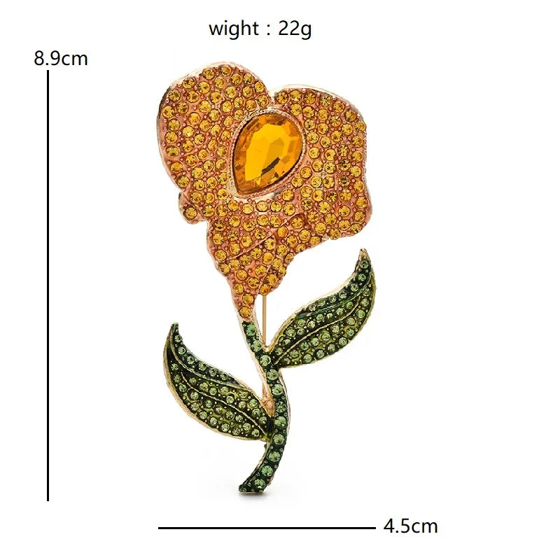 Large Rhinestone Flower on Leafy Stem Brooch — dimensions