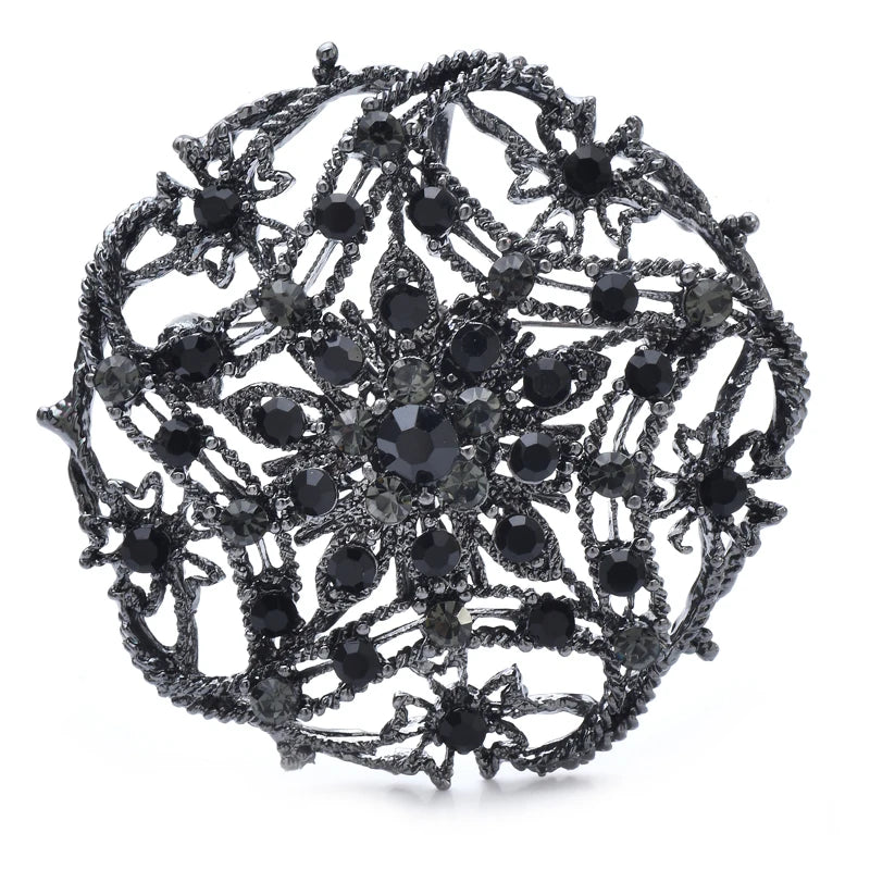 Openwork Star Flower Rhinestone Medallion Brooch — Black