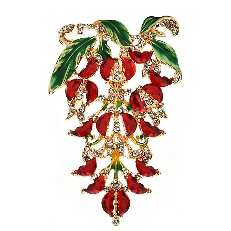 Jeweled Floral Spray with Hanging Petals Brooch — Red
