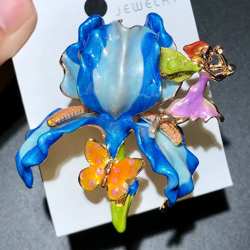 Sculpted Enamel Iris Flower Brooch