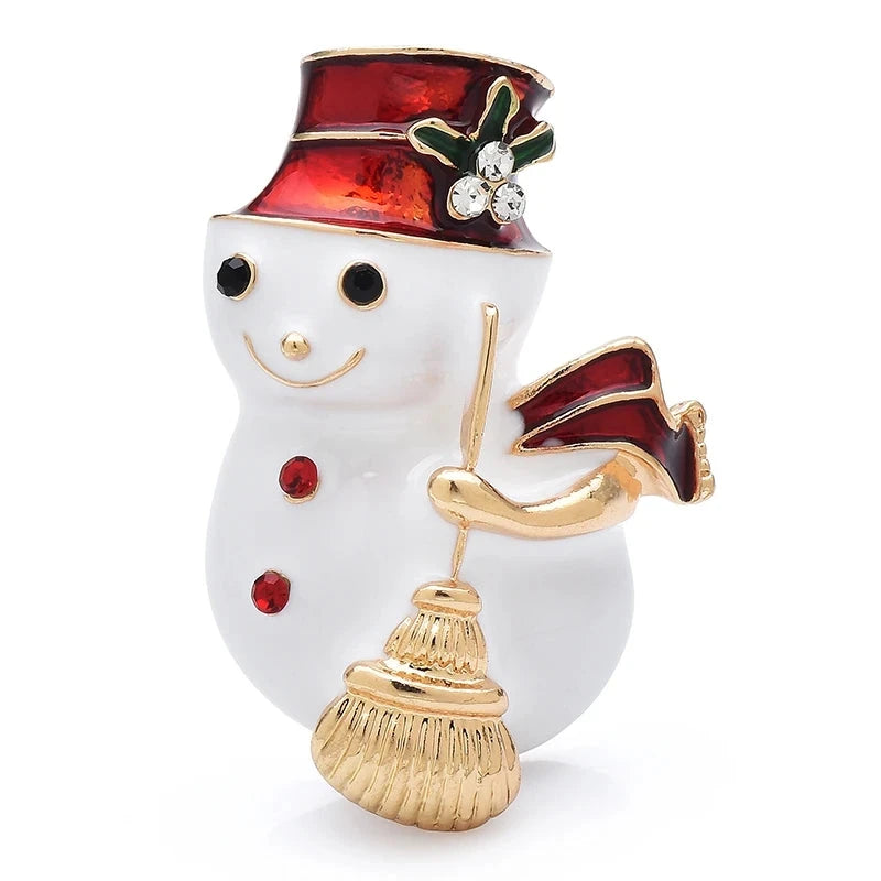 Snowman with Red Top Hat and Broom Brooch — Red & White