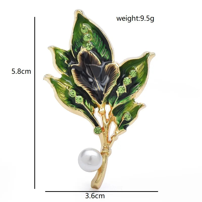 Enamel Leaf Cluster with Pearl-Look Drop Brooch — dimensions