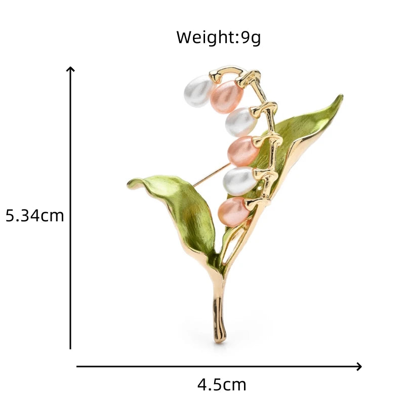 Pink Lily of the Valley with Green Leaves Brooch