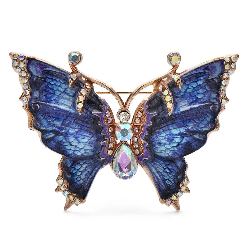 Patterned Enamel Butterfly with Scalloped Wings Brooch — Blue