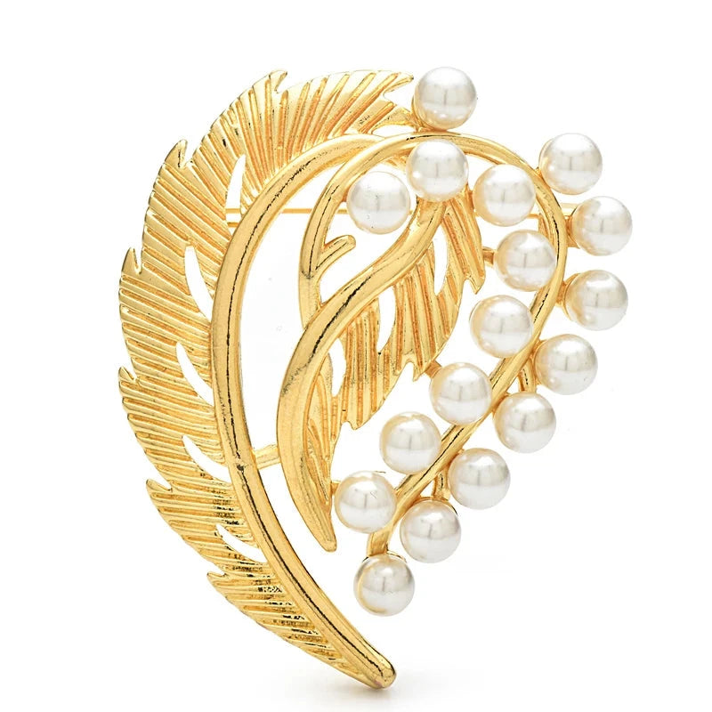 Curved Leaf and Pearlescent Spray Brooch original white background product photo