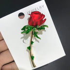 Red Enamel Rose with Pearl-Look Bud Brooch