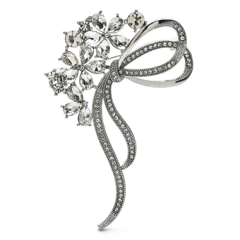 Broche nœud bouquet de fleurs en cristal