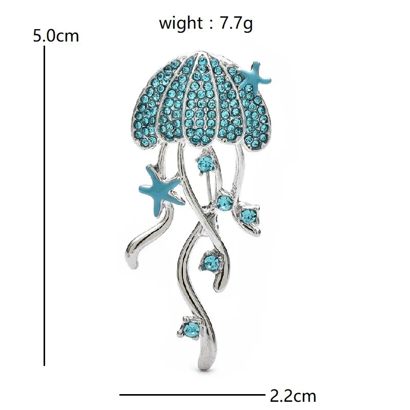 Rhinestone Jellyfish with Flowing Tentacles Brooch — dimensions