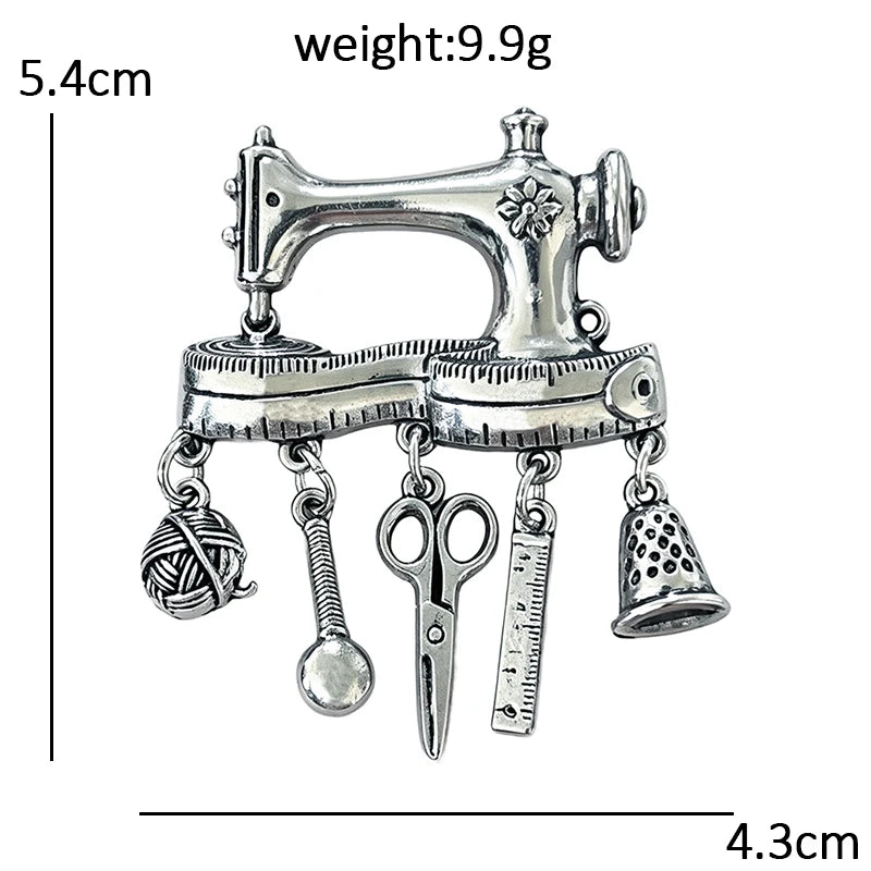 Vintage Sewing Machine with Dangle Charms Brooch