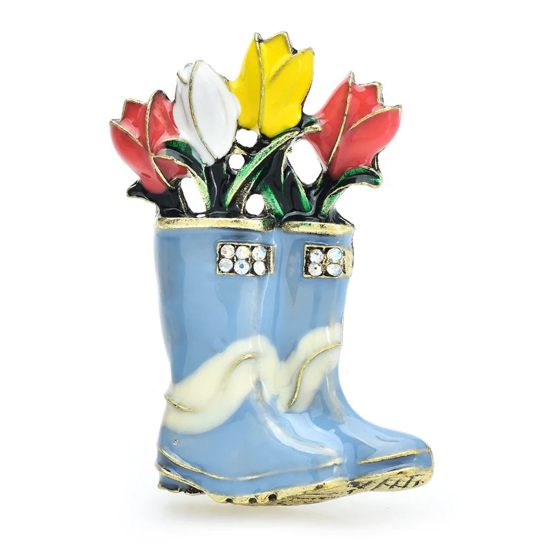 Enamel Rain Boots with Tulips Brooch