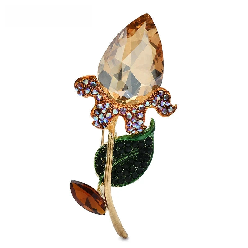 Faceted Tulip with Jeweled Leaves Brooch — Champagne