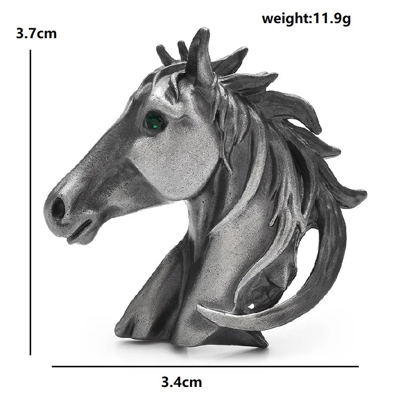 Sculptural Horse Head with Green Eye Brooch — dimensions